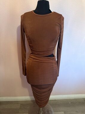 Brown Long-Sleeve Ruched Cutout Dress